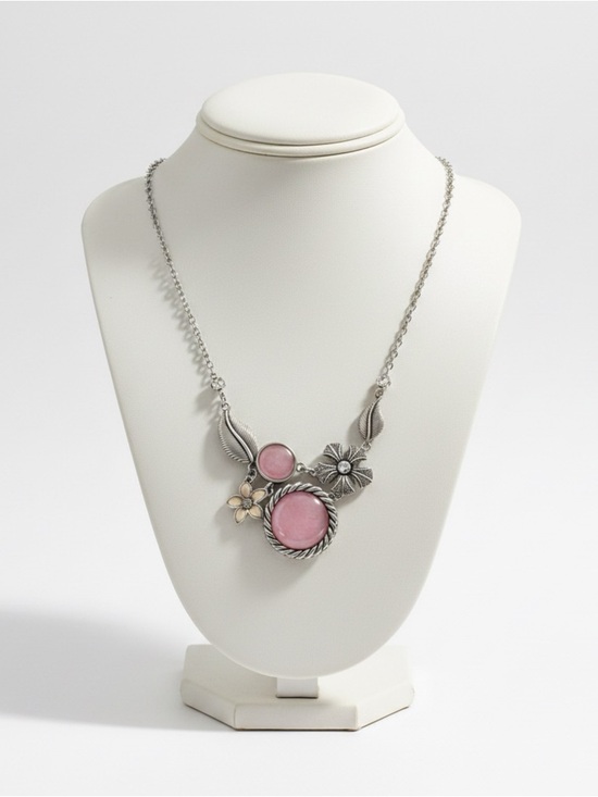Jewelry - Pink Stone Floral Pendant Necklace and Earrings - Women Jewelry